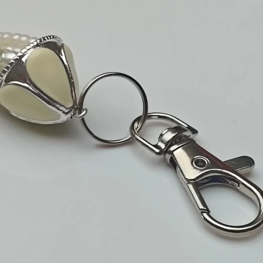 Cream Faux Pearl Multi Strand Tassel Keychain Bag Charm Silver Tone Clasp 5in